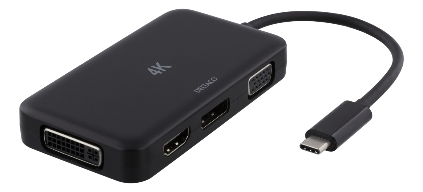 DELTACO USB-C til HDMI/DP/DVI/VGA-adapter, 4K, DP Alt-modus, svart