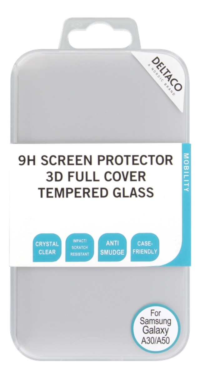DELTACO skjermbeskytter, Galaxy A30/A50, 2,5D heldekkende glass