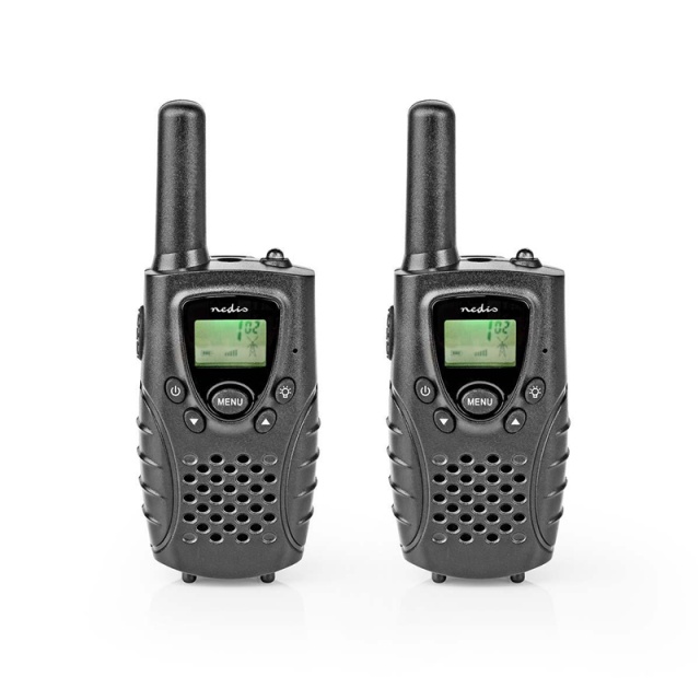 Nedis Walkie-Talkie Set | 2 håndsett | 8000 m | Antall frekvenskanaler: 8 | PTT / VOX | 150 min | Hodetelefonutgang | Sort