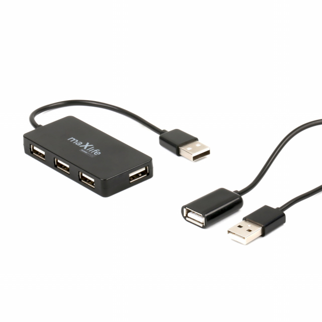 Maxlife Hjemmekontor USB 2.0 hub USB - 4x USB 0,15 m + kabel 1,5 m, Svart