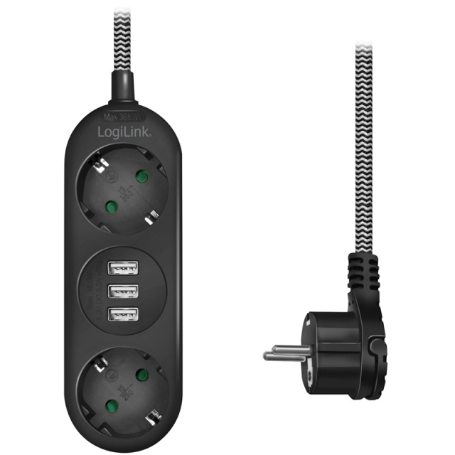 LogiLink Strømskinne med jording 2-veis 3xUSB Flat plugg