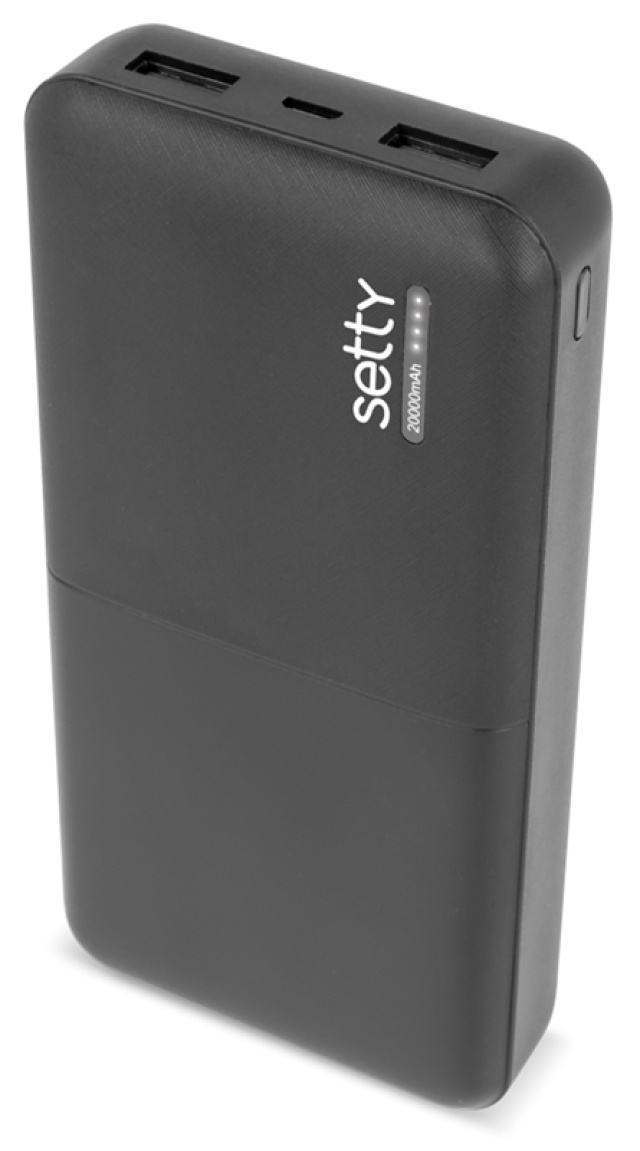 Setty powerbank med 20 000 mAh og doble USB-porter, svart