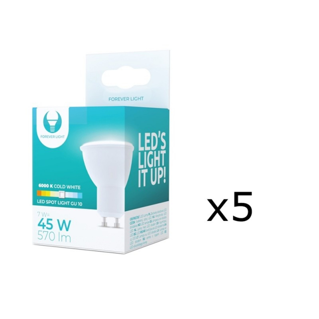 LED-lampe GU10, 7W, 230V, 6000K, 5-pakning, Kjølig hvit