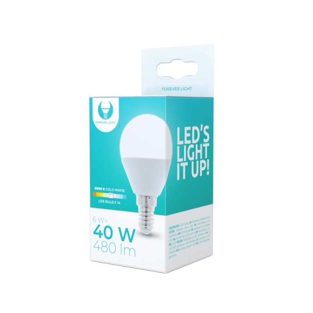 LED-pære E14, G45, 6W, 6000K, Kaldhvitt