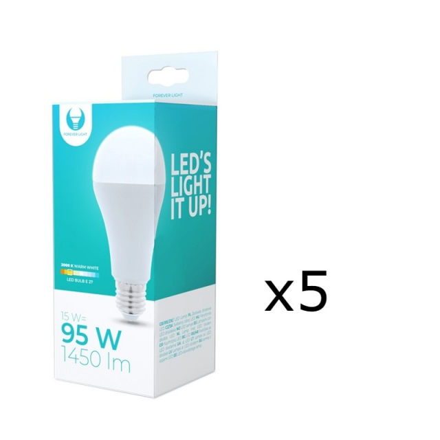 LED-lampe E27, A65, 15W, 230V, 3000K 5-pakning, Varm hvit