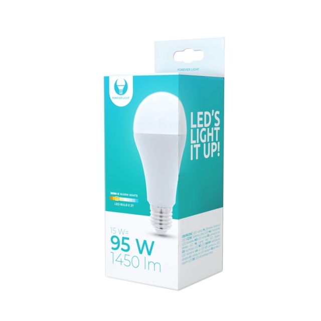 LED-lampe E27, A65, 15W, 230V, 3000K, varmhvit