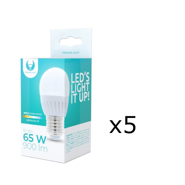 LED-lampe E27, G45, 10W, 230V, 3000K, keramisk 5-pakning, varmhvit