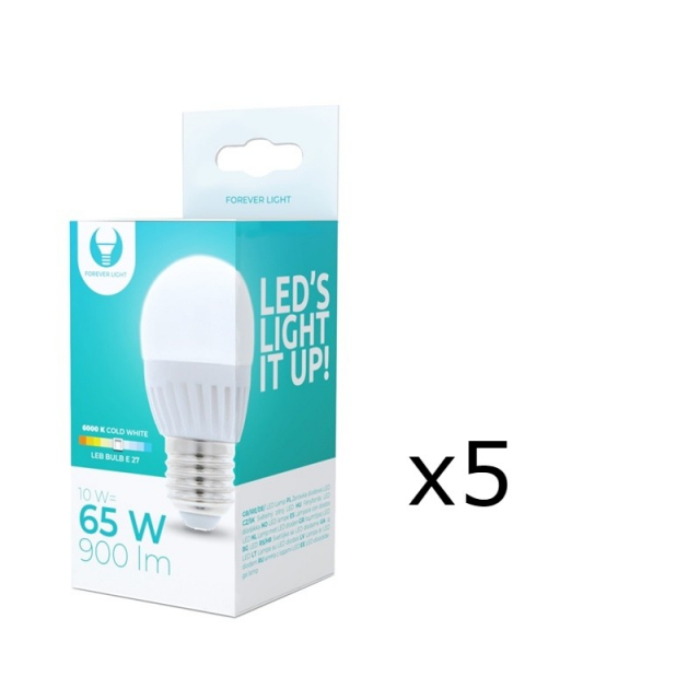 LED-lampe E27, G45, 10W, 230V, 6000K, keramisk 5-pakning, kjølig hvit