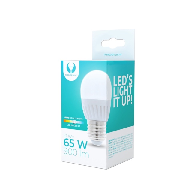 LED-lampe E27, G45, 10W, 230V, 6000K, keramisk, kjølig hvit