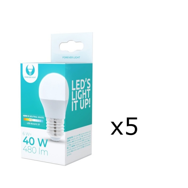 LED-lampe E27, G45, 6W, 4500K 5-pakning, hvit nøytral