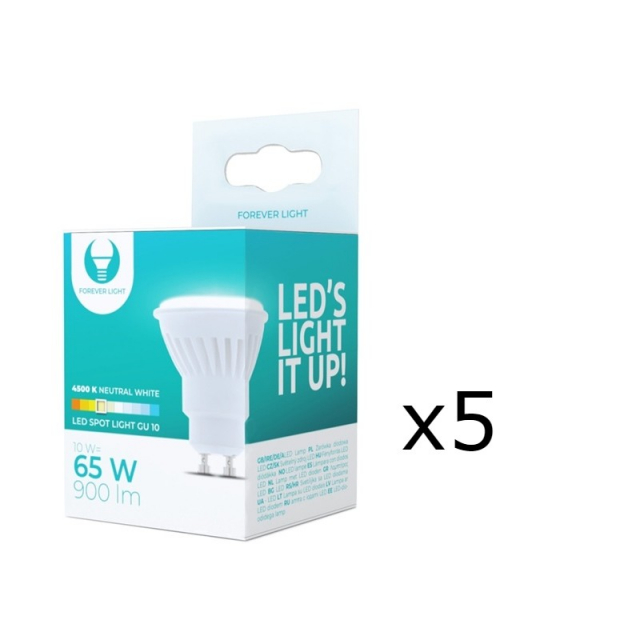 LED-lampe, GU10, 10W, 230V, 4500K, Keramikk, 5-pk, Hvit nøytral