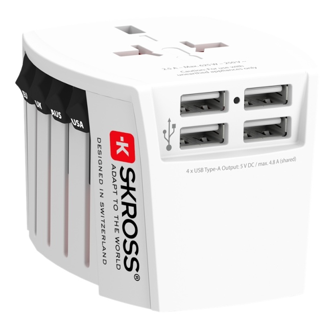 SKROSS MUV USB 4xA, 2-polet reiseadapter med 4 USB-A-porter