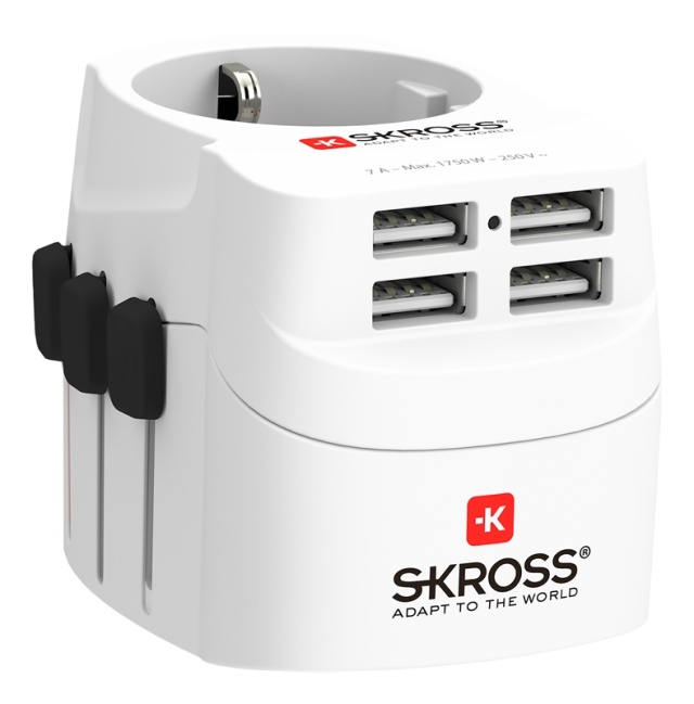 SKROSS PRO Light USB (4xA), 3-polet reiseadapter med 4 USB-A-porter