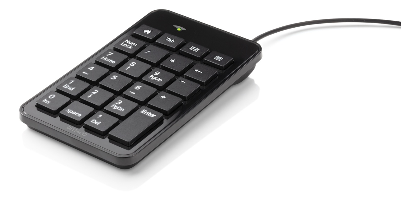 DELTACO numerisk tastatur, 23 taster, 4 medietaster, USB, svart