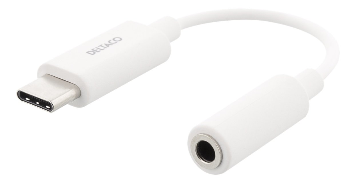 DELTACO USB-C til 3,5 mm adapter, stereo, aktiv, 11 cm, hvit