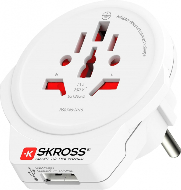 SKROSS World to Europe-adapter, integrert USB-port