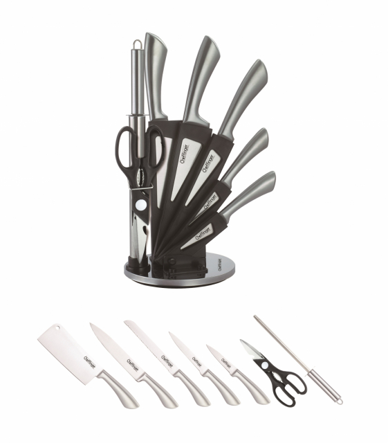 Knivsett med 8 deler, roterende knivstativ, kniver i rustfritt stål