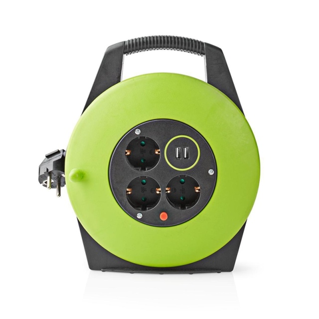 Nedis kabel Reel | Jordet kontakt | 10.0 m | 3000 W | 16 A | Type av jording: Sidekontakter | 230 V AC 50/60 Hz | Uttaksvinkel: 90 ° | H05VV-F 3G1.5mm² | Sikring: Ja | Grøn / Sort