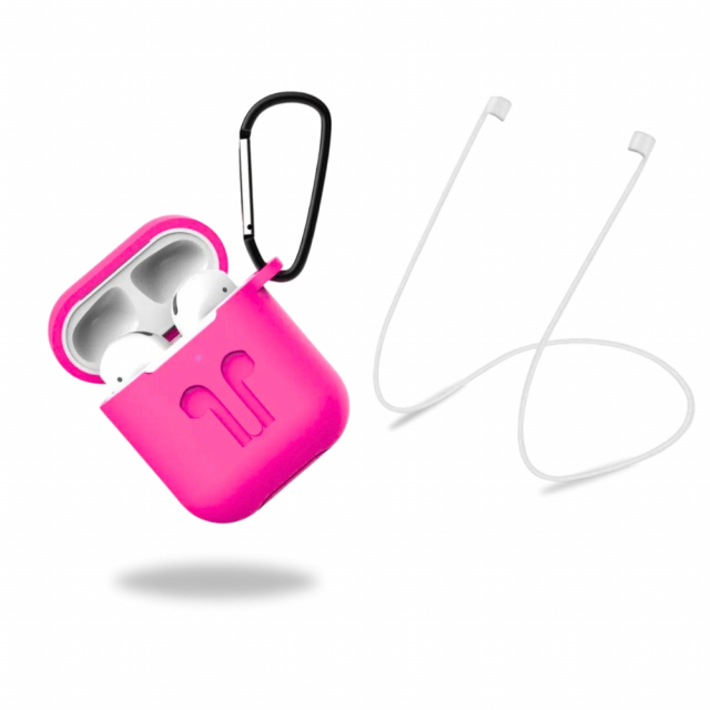 Beskyttelsesetui i silikon med hodetelefonstropp og anheng for Apple Airpods, rosa