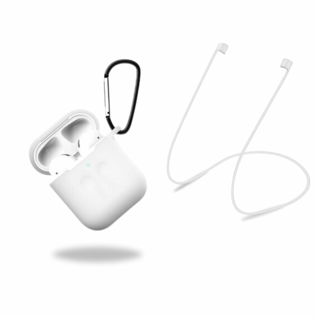 Beskyttelsesetui i silikon med hodetelefonstropp og anheng for Apple Airpods, hvit/transparent