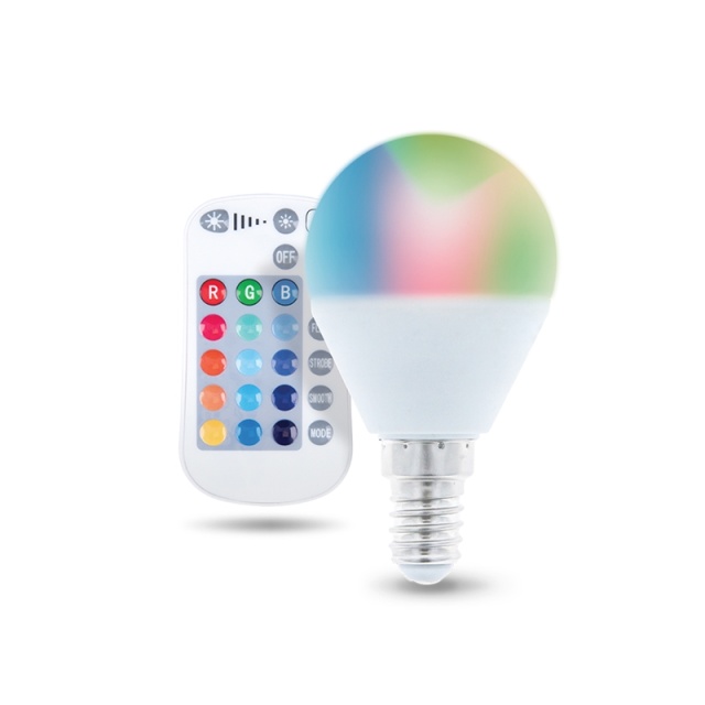 Fjernstyrt LED-lampe med RGB, E14, G45, 5W