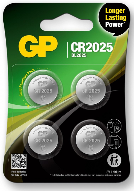 GP Knappcelle litium CR2025, 4-pakning