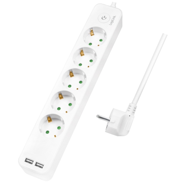 LogiLink 5-veis strømuttak + 2 x USB med bryter 1,5m Hvit