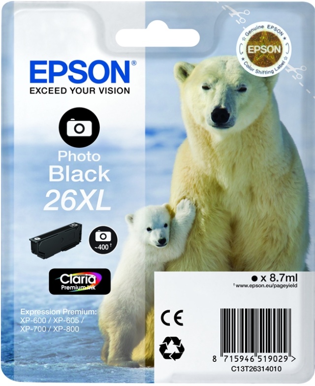 Epson Isbjørn Singlepack Photo Black 26XL Claria Premium Ink