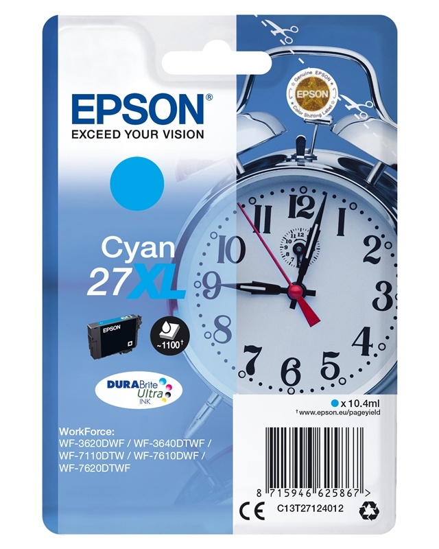 Epson Vekkerklokke Enkeltpakke Cyan 27XL DURABrite Ultra Ink