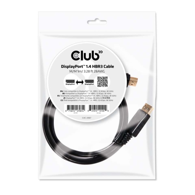CLUB3D DisplayPort 1.4 HBR3-kabel 1 m/3,28 fot hann/hann 8K60 Hz