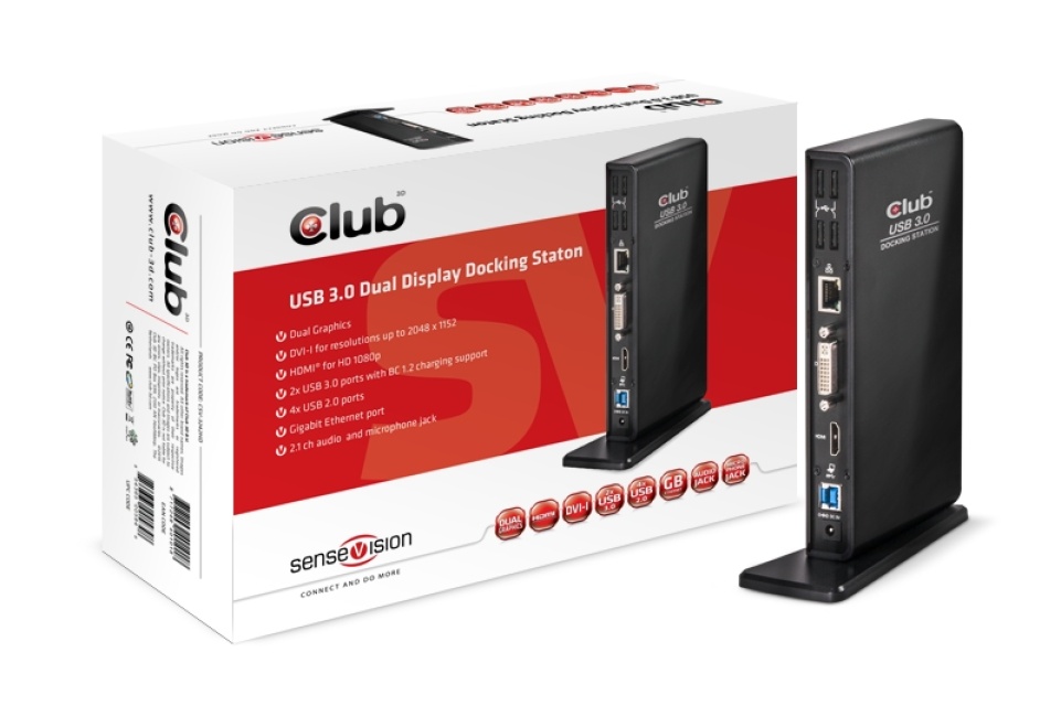 CLUB3D SenseVision USB3.0-dokkingstasjon med to skjermer