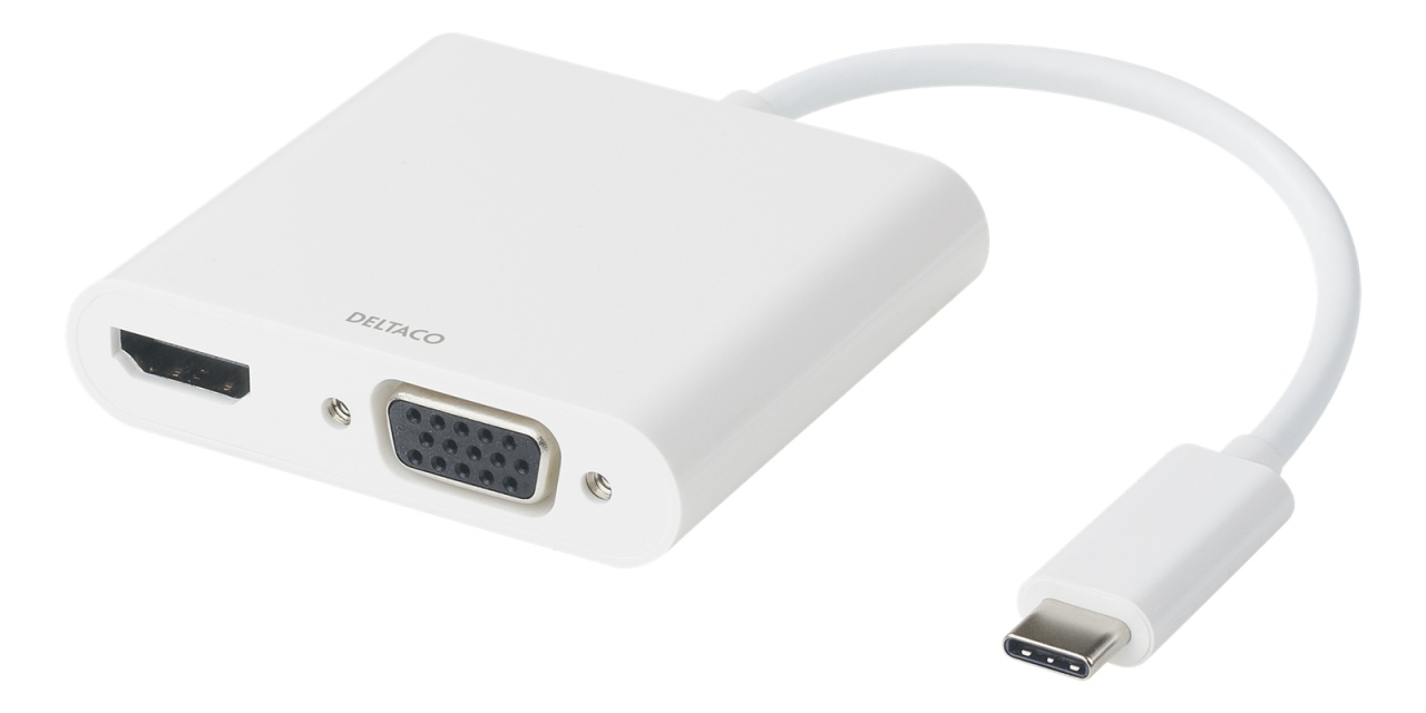 DELTACO USB-C-dokkingstasjon, HDMI/VGA/USB-C, 100 W USB-C PD 3.0, hvit