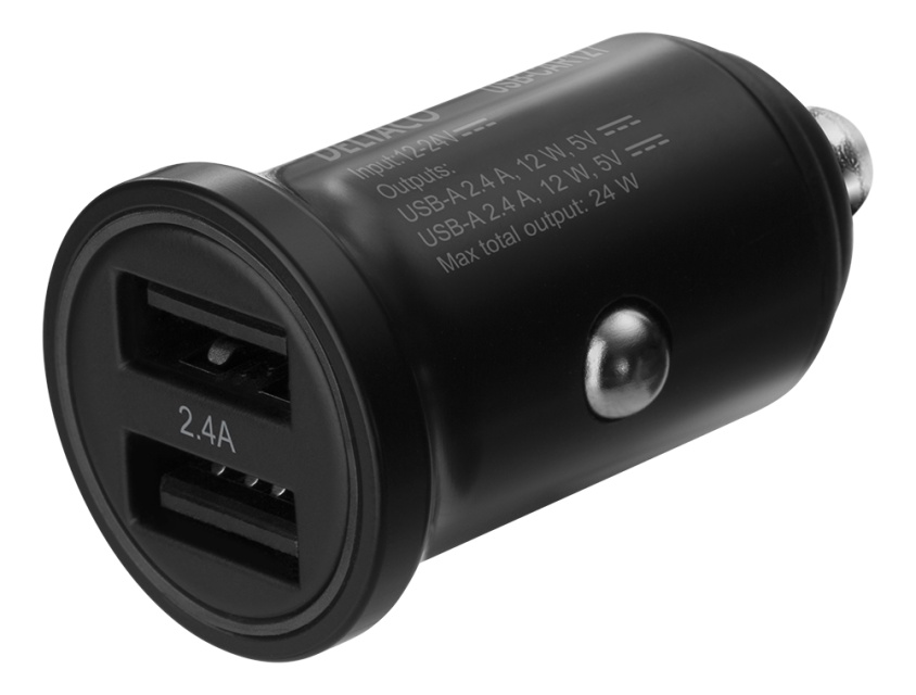DELTACO 12/24 V USB-billader med doble USB-A-porter, 24 W, svart