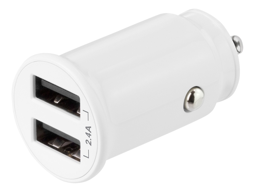 DELTACO 12/24 V USB-billader, doble USB-A-porter, 2,4 A, 12 W, hvit
