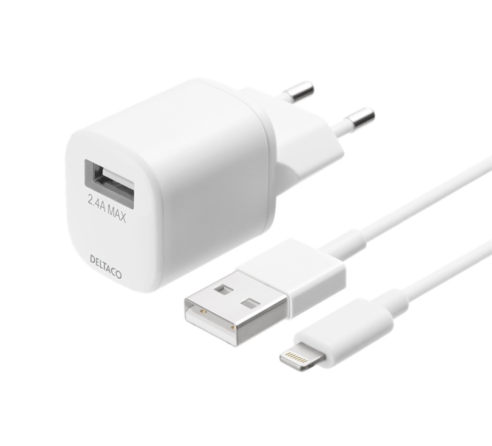 DELTACO USB-vegglader, USB-A, 2,4 A, inkl. 1 m USB-A til Lightning