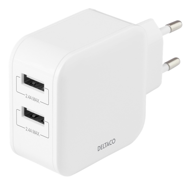 DELTACO Vegglader med doble USB-A-porter, 4,8 A, 24 W, hvit