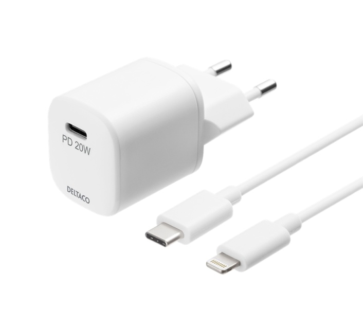 DELTACO USB-vegglader, USB-C, PD 20 W, inkludert 1 m C til Lightning