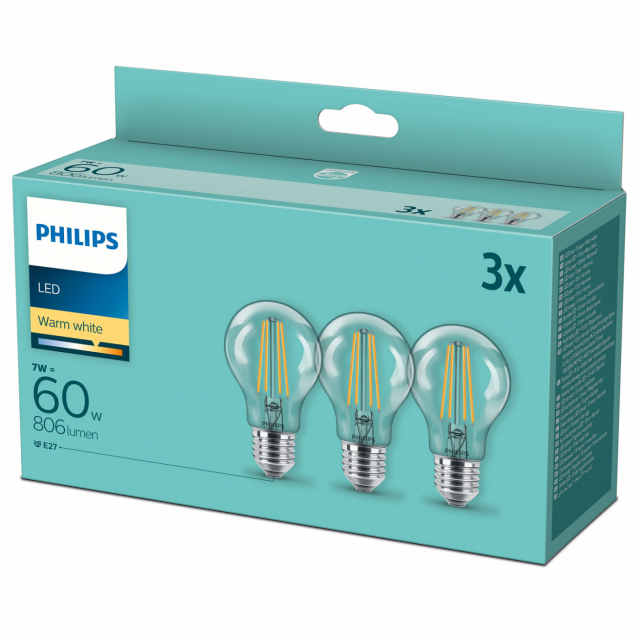 Philips 3-pakning LED E27 Normal Clear 60W 806lm