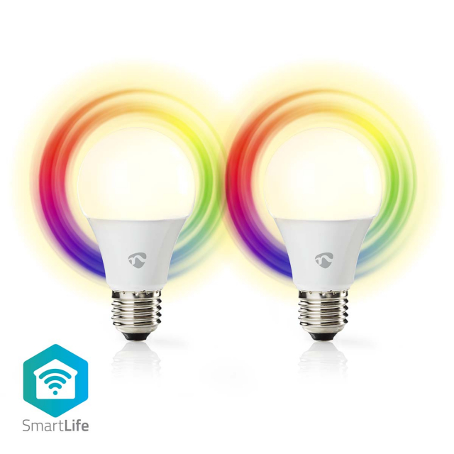 Nedis SmartLife Fullfarge LED-Pære | E27 | 806 lm | 9 W | RGB / Varm til avkjølt hvitt | 2700 - 6500 K | Android™ / IOS | pære | 2 stk