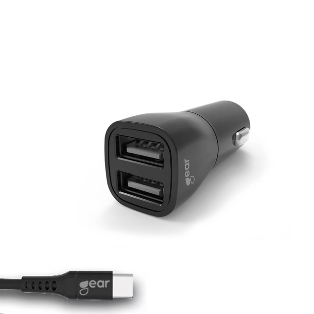 Gear Lader 12-24V 2xUSB 3.4A Svart USB-C 2.0 Kabel 1m
