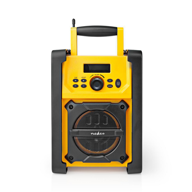 Nedis FM-radio | Jobsite Radio | FM | Batteri drevet / Nettstrøm drevet | Digitalt | 15 W | Skjermstørrelse: 2.2 " | Blå hvit skjerm | IPX5 | Bære håndtak | Gul / Sort