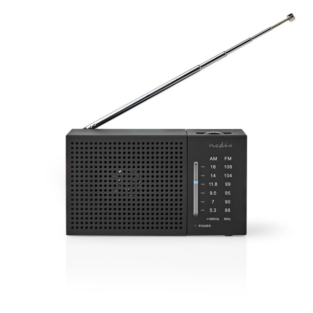 Nedis FM-radio | Bærbar design | AM / FM | Batteri drevet | Analog | 1.5 W | Svart hvit skerm | Hodetelefonutgang | IP20 | Sort