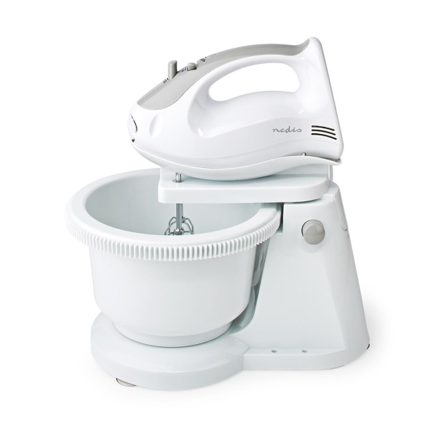 Nedis Håndmikser | 200 W | 5 Hastighetsinnstillinger | Turbo-funksjon | Dreieskål / 2 deigkroker / 2 visper | Grå / Hvit
