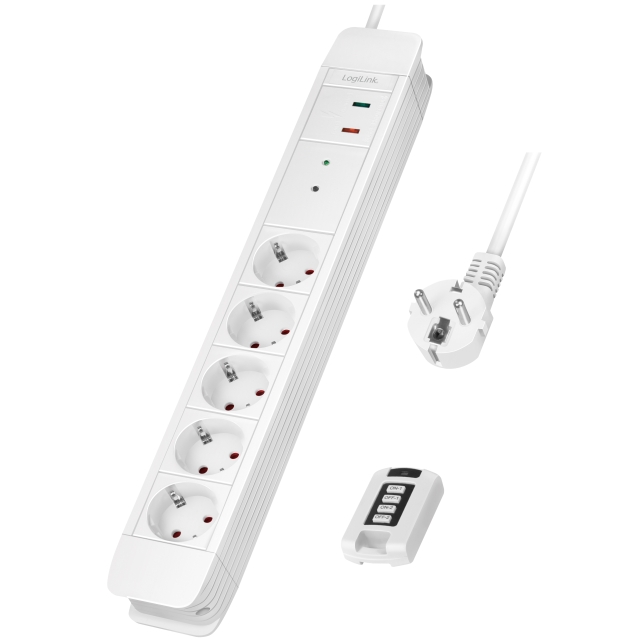 LogiLink 5-veis strømskinne med fjernkontroll 433 MHz 1,5 m hvit