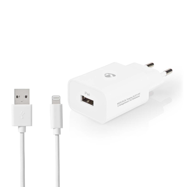 Nedis vegg lader | 12 W | Hurtigladefunksjon | 1x 2.4 A A | Antall utganger: 1 | USB-A | Lightning 8-Pin (Løs) Kabel | 1.00 m | Single Voltage Output | Hvit