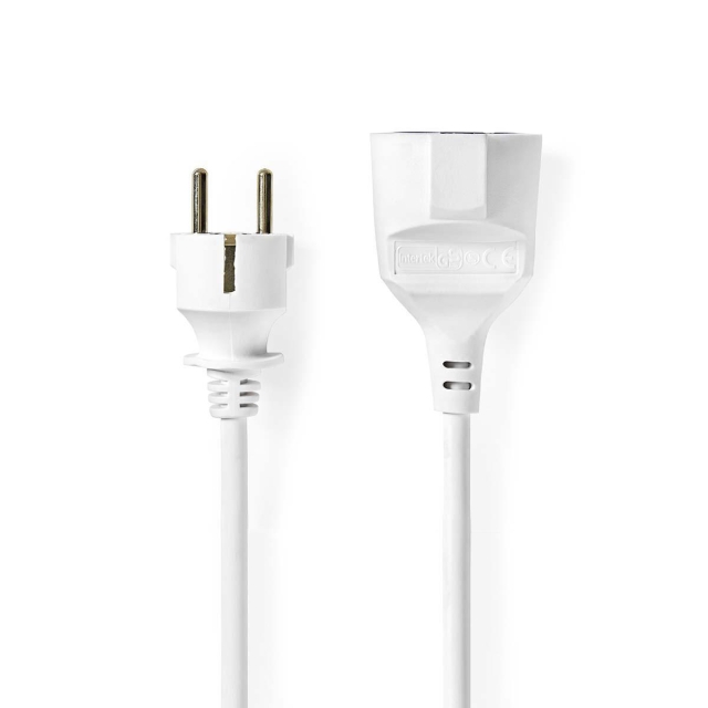 Nedis Skjøteledning fransk M - Fransk F | Type F (CEE 7/7) | Jordet Kontakt | 5.0 m | 3680 W | 250 V - 50/60 Hz | Type av jording: Sidekontakter | Uttaksvinkel: 90 ° | H05VV-F 3G1.5 | Enhetens strømuttak: 1 | Hvit