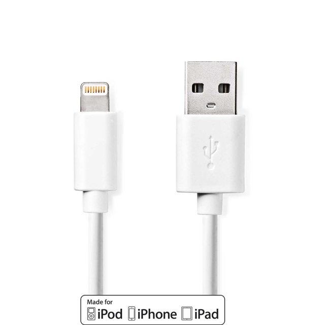 Nedis Lightning Kabel | USB 2.0 | Apple Lightning 8-Pinners | USB-A Han | 480 Mbps | Nikkel belagt | 2.00 m | Rund | PVC | Hvit | Boks