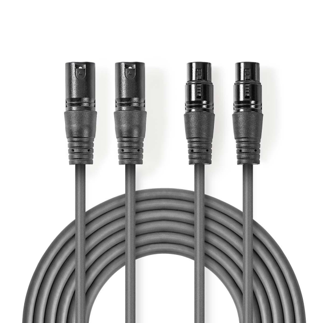 Nedis Balansert lydkabel | 2x XLR 3-Pin Han | 2x XLR 3-Pin Hun | Nikkel belagt | 3.00 m | Rund | PVC | Mørk Grå | Pappetui