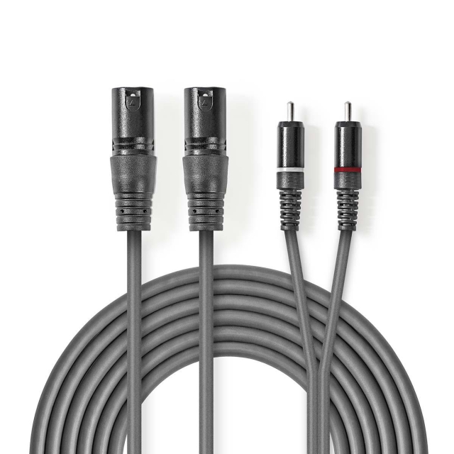 Nedis Balansert lydkabel | 2x XLR 3-Pin Han | 2x RCA Han | Nikkel belagt | 1.50 m | Rund | PVC | Mørk Grå | Pappetui
