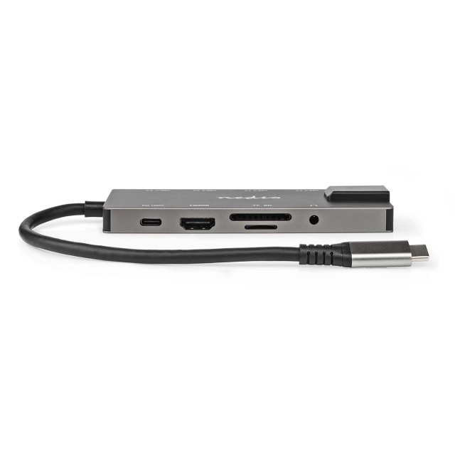 Nedis USB Multi-Port Adapter | 10-i-1 | USB 3.2 Gen 1 | USB-C™ Hann | HDMI™ Output / RJ45 Hun / SD / 2x USB-C™ / 3.5 mm Hun / 3x USB-A Hunn | 5 Gbps | 0.20 m | Rund | Gull belagt | PVC | Antrasitt | Boks